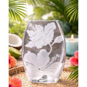 Island Plantations Etched Hibiscus Glass Vase | Clear Tropical Floral Decor
